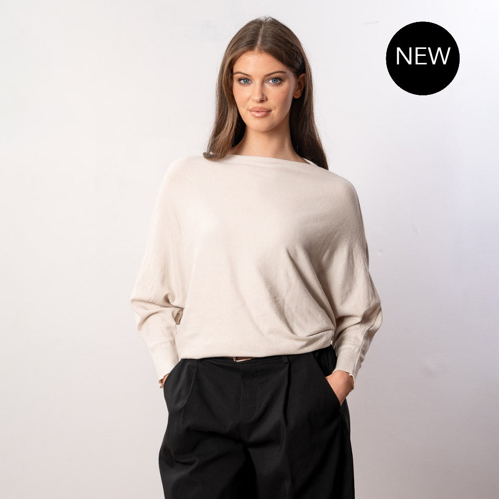 Mariah Batwing Fine Knit Top (Beige)