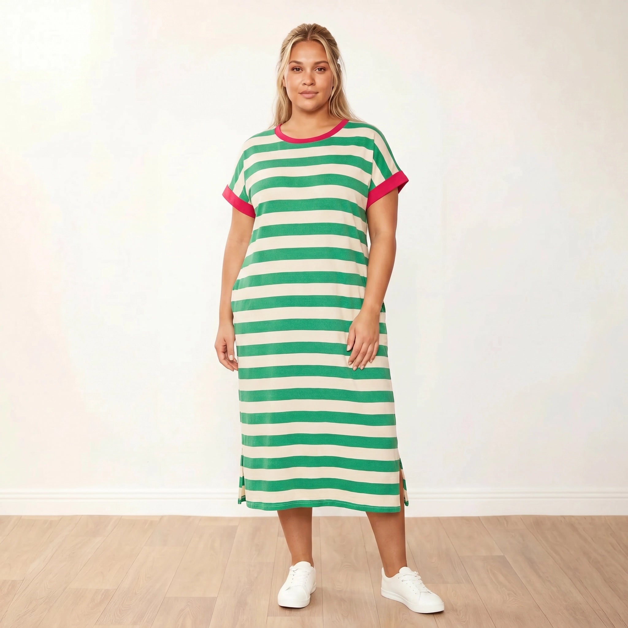 Rachel Dress (Green Stripe/Pink) - Plus Size XXL - Front Arms Relaxed