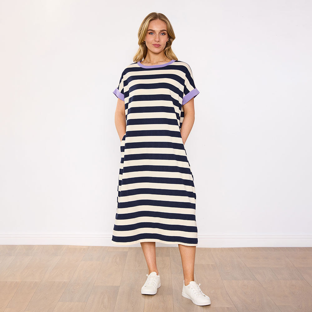 Rachel Dress (Navy Stripe/Lilac)