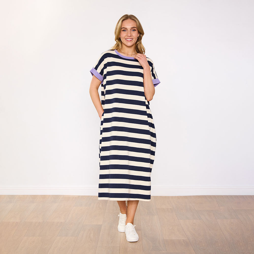 Rachel Dress (Navy Stripe/Lilac)