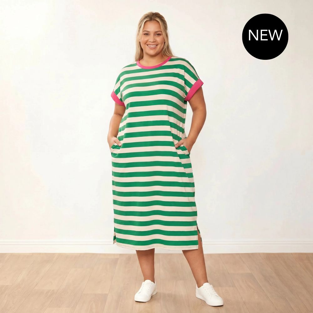 Rachel Dress (Green Stripe/Pink)