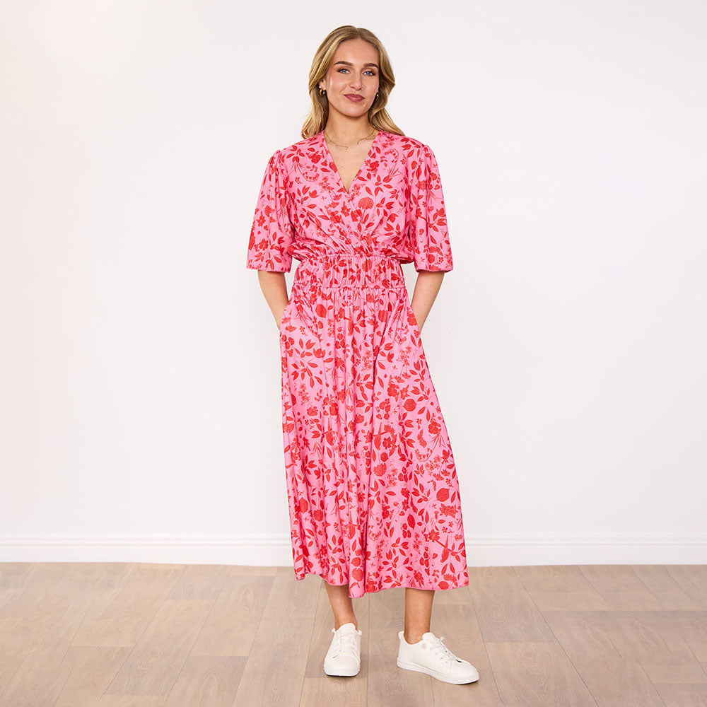 Saoirse Dress in pink raspberry meadow floral print – women's dress – view 3