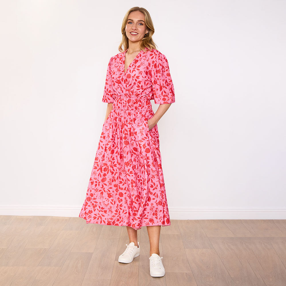 Saoirse Dress in pink raspberry meadow floral print – women's dress – view 2