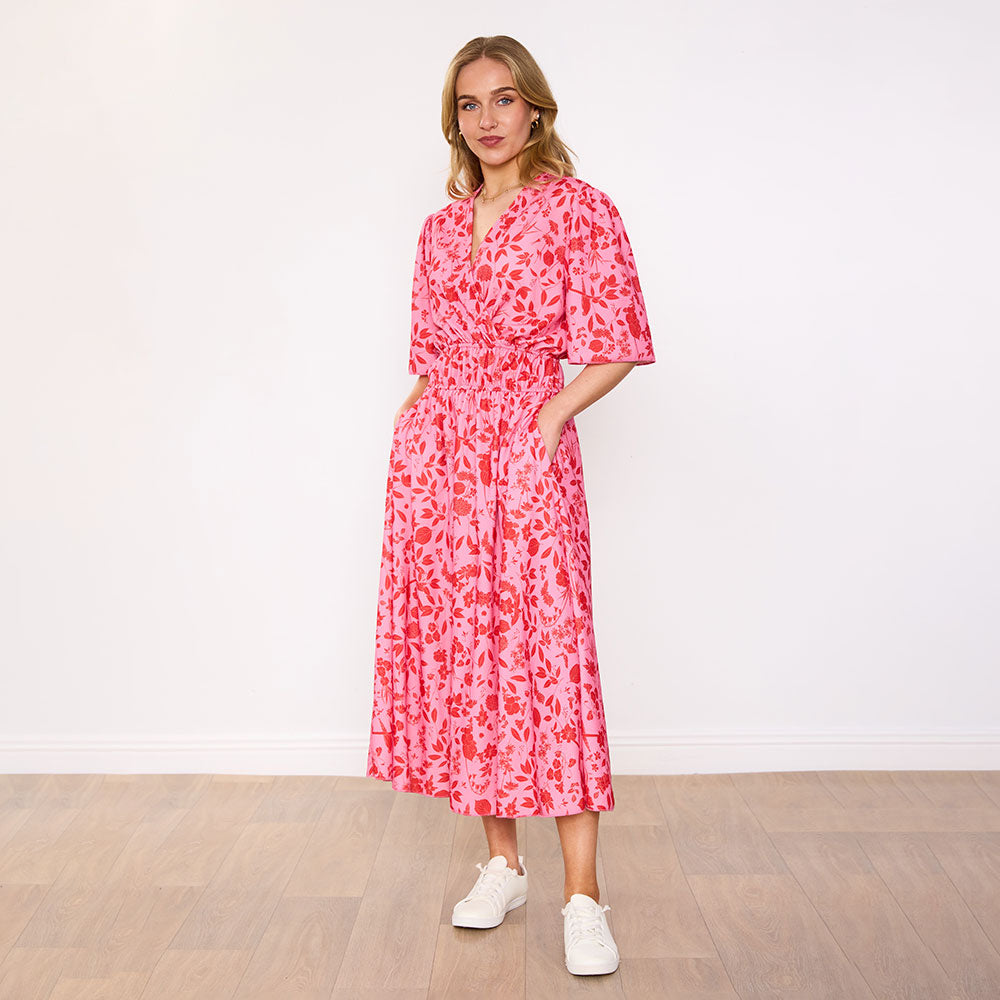 Saoirse Dress in pink raspberry meadow floral print – women's dress – view 5
