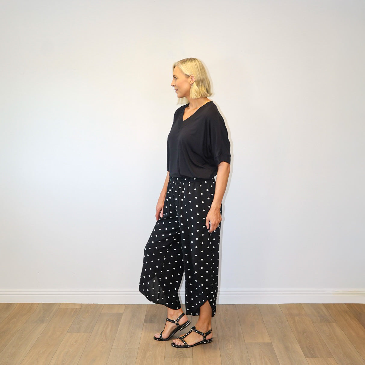 Sasha Wide Leg Pants (Black Polka Dot)