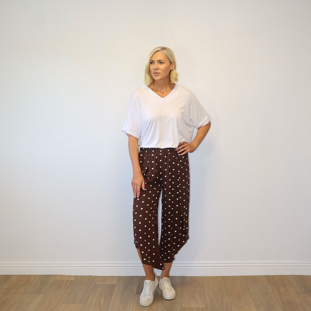 Sasha Wide Leg Pants (Brown Polka Dot)