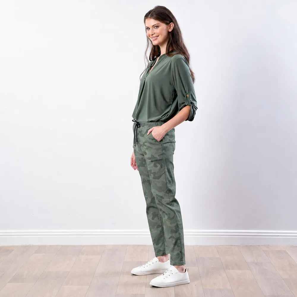 Side view of the Stella Jogger in army camo print showing the tapered leg, side pocket and drawstring waist