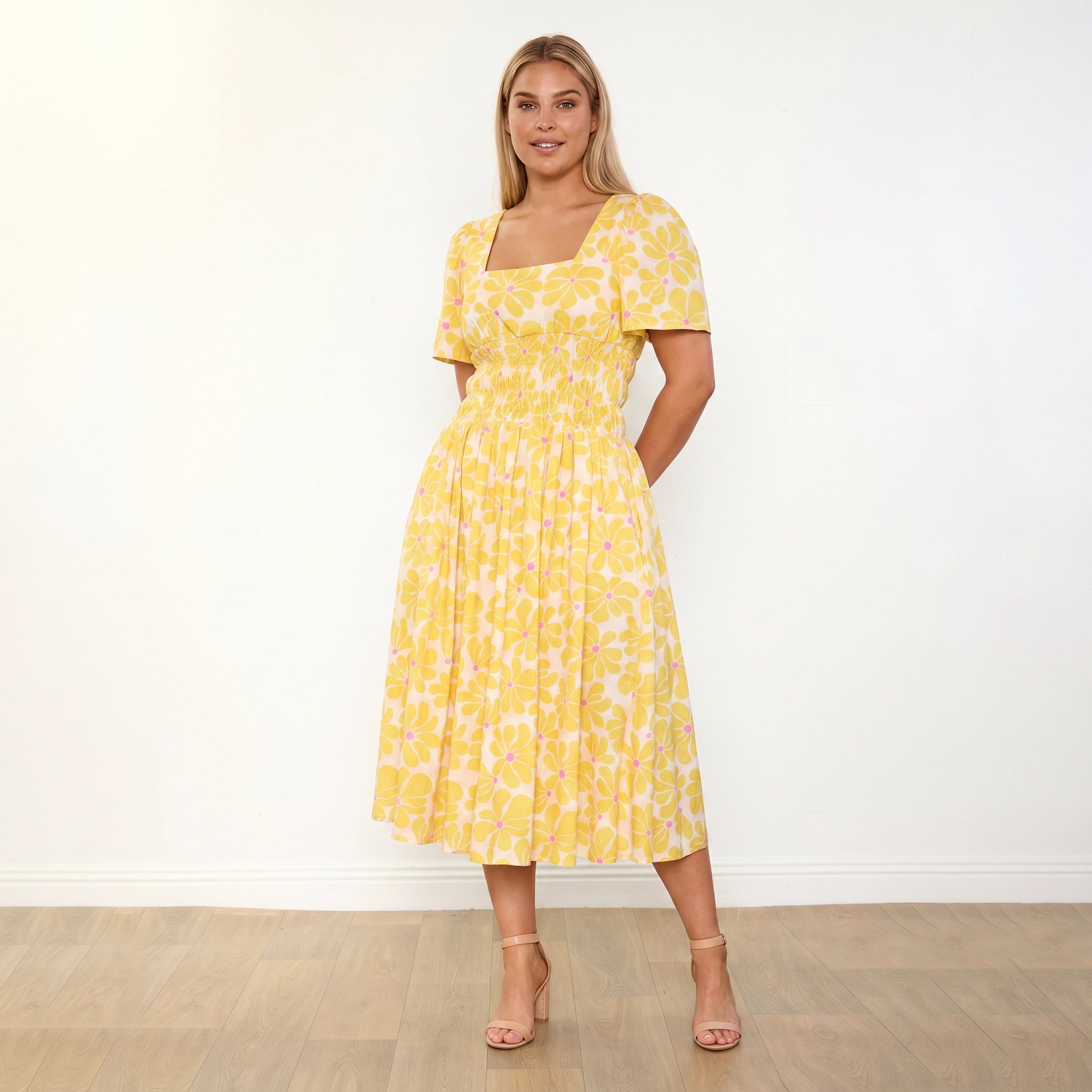 Iris Dress Yellow Daisy - Plus Size - Front hands behind back