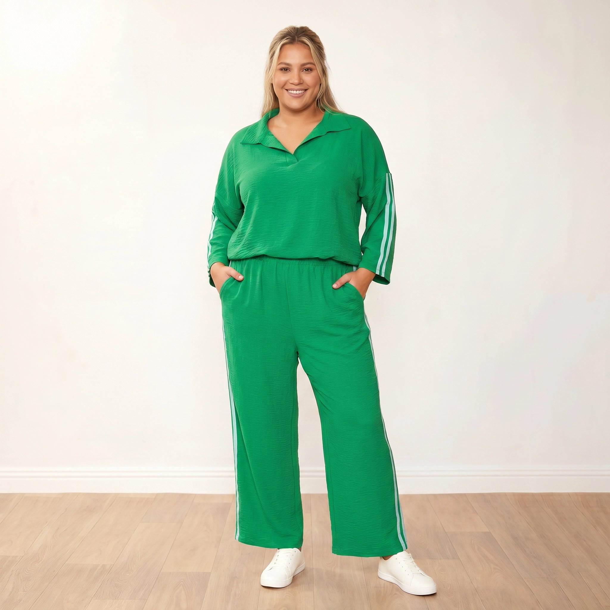 Clara Co-Ord Green Mint Stripe - Plus Size XXL - Front hands in pockets warm smile