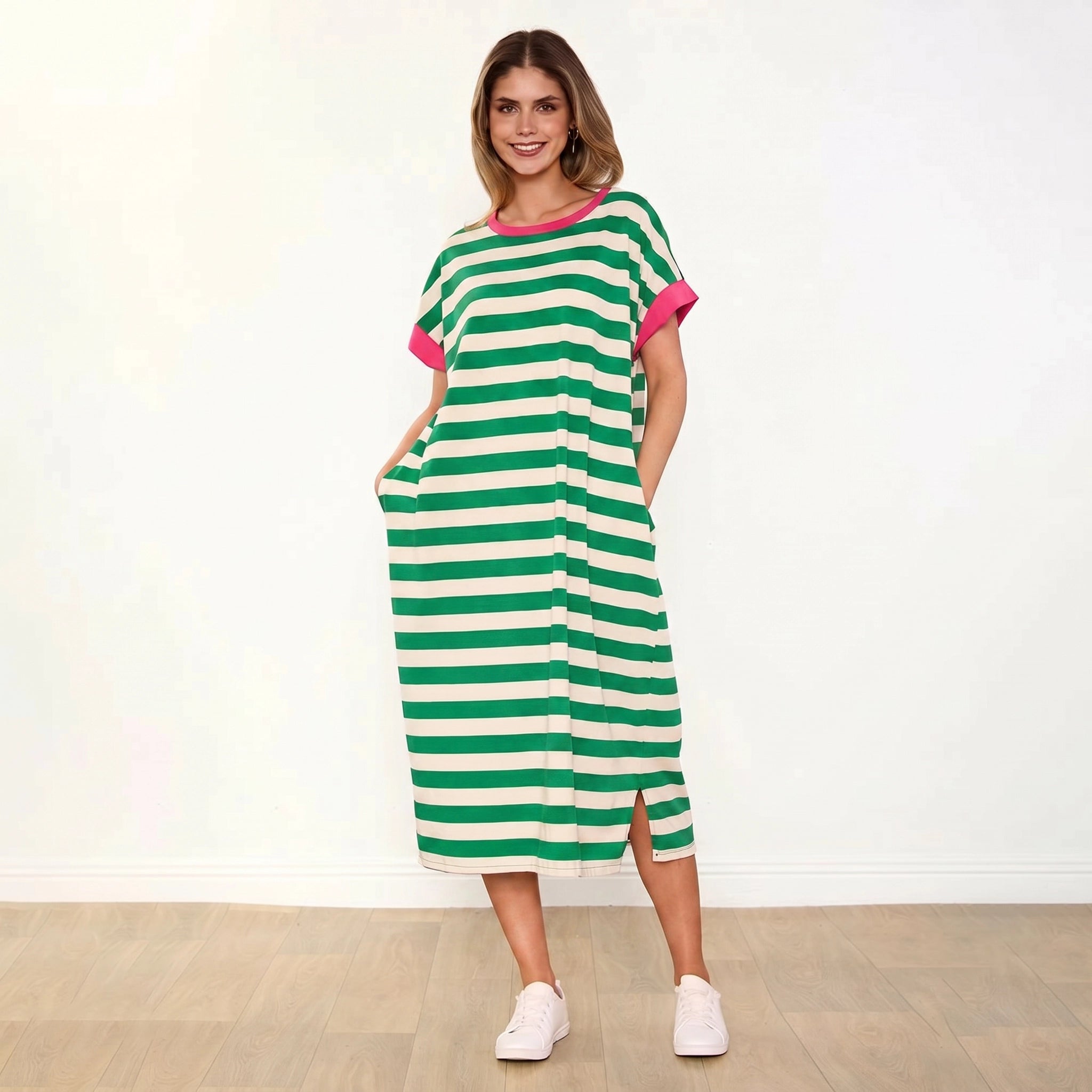Rachel Dress Green Stripe Pink - Front Smiling