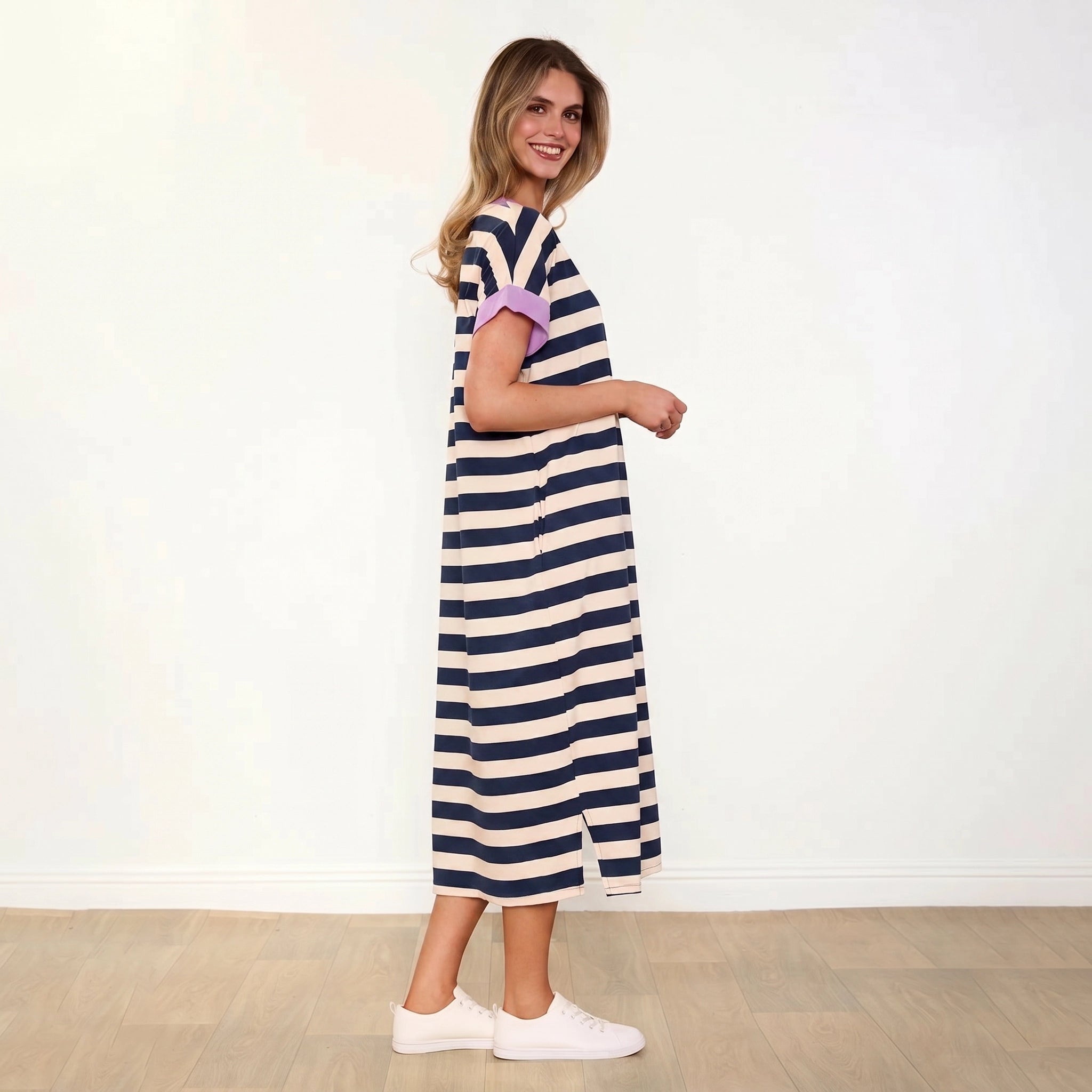 Rachel Dress Navy Stripe Lilac - Side Profile