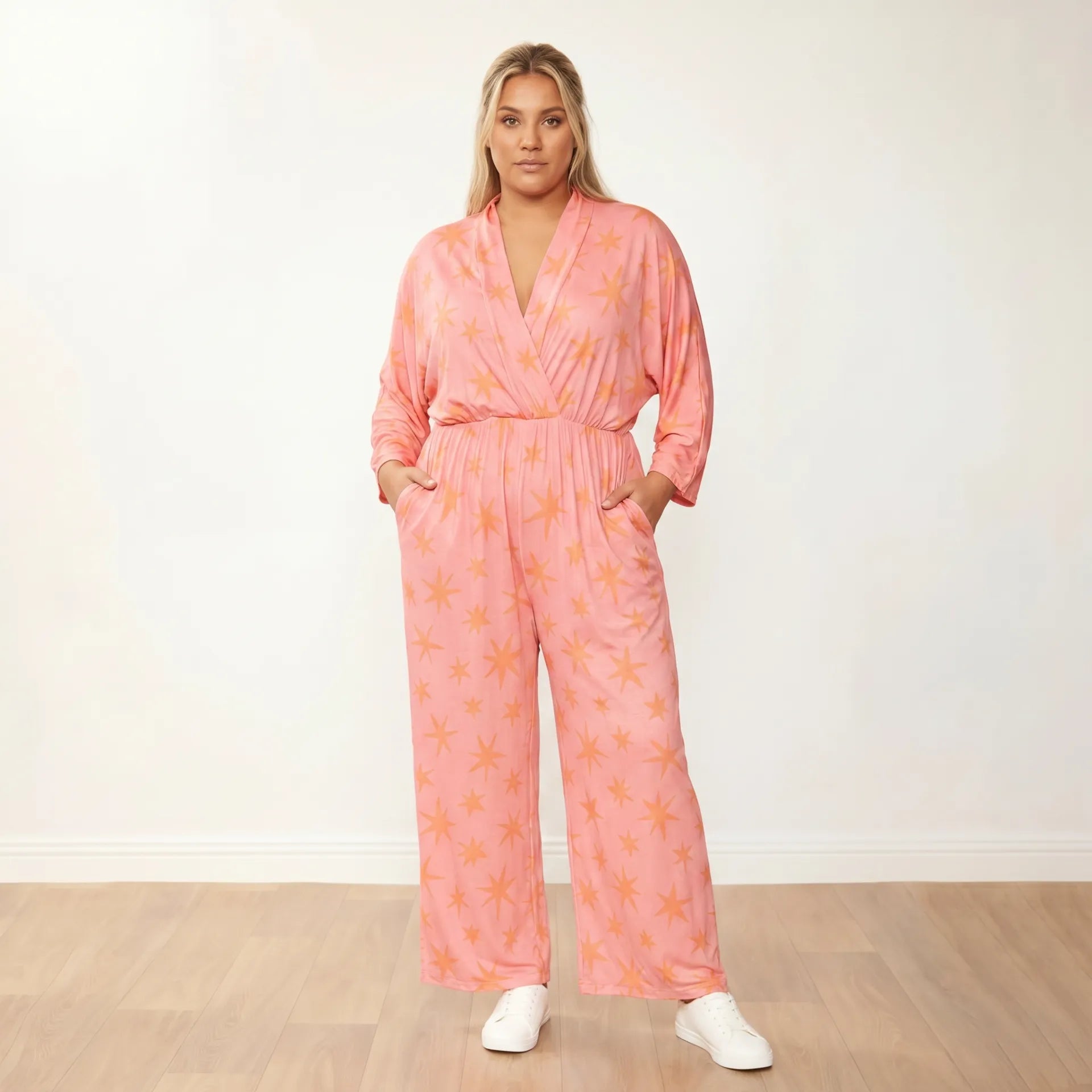 Vogue Jumpsuit Peach Star - Plus Size Model XXL - Front direct gaze