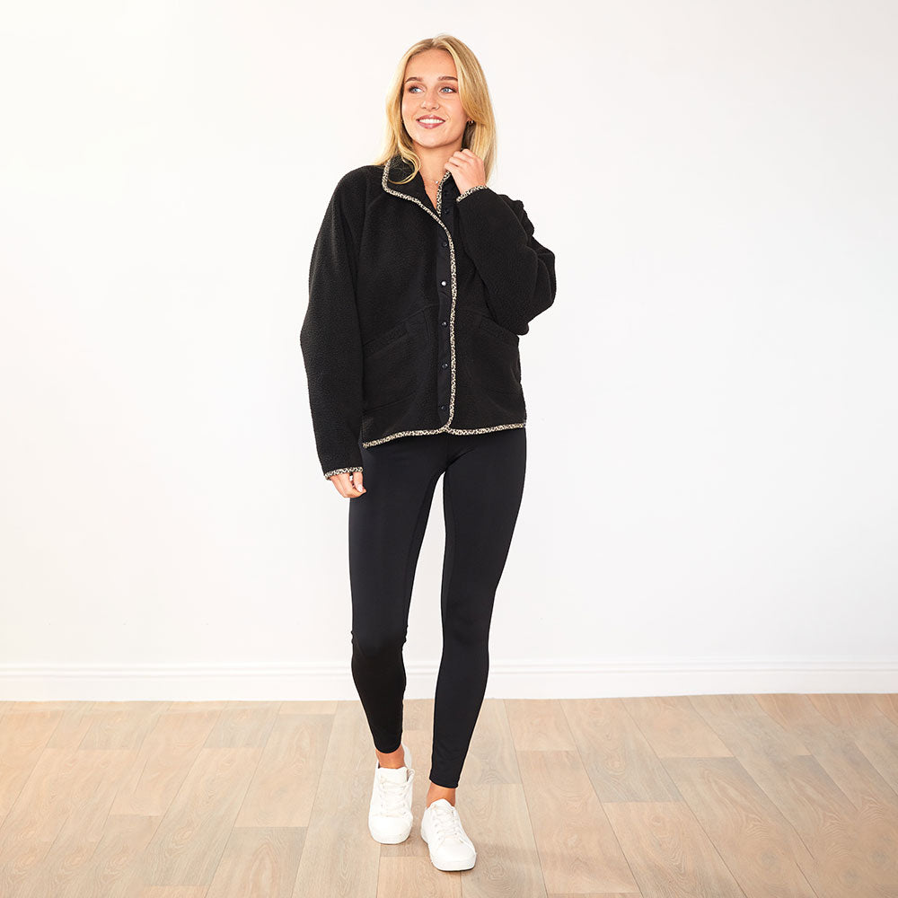 Fleece Jacket (Black/Leopard Trim)