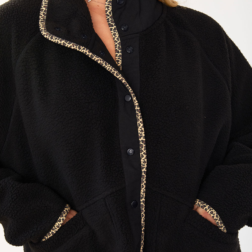 Fleece Jacket (Black/Leopard Trim)