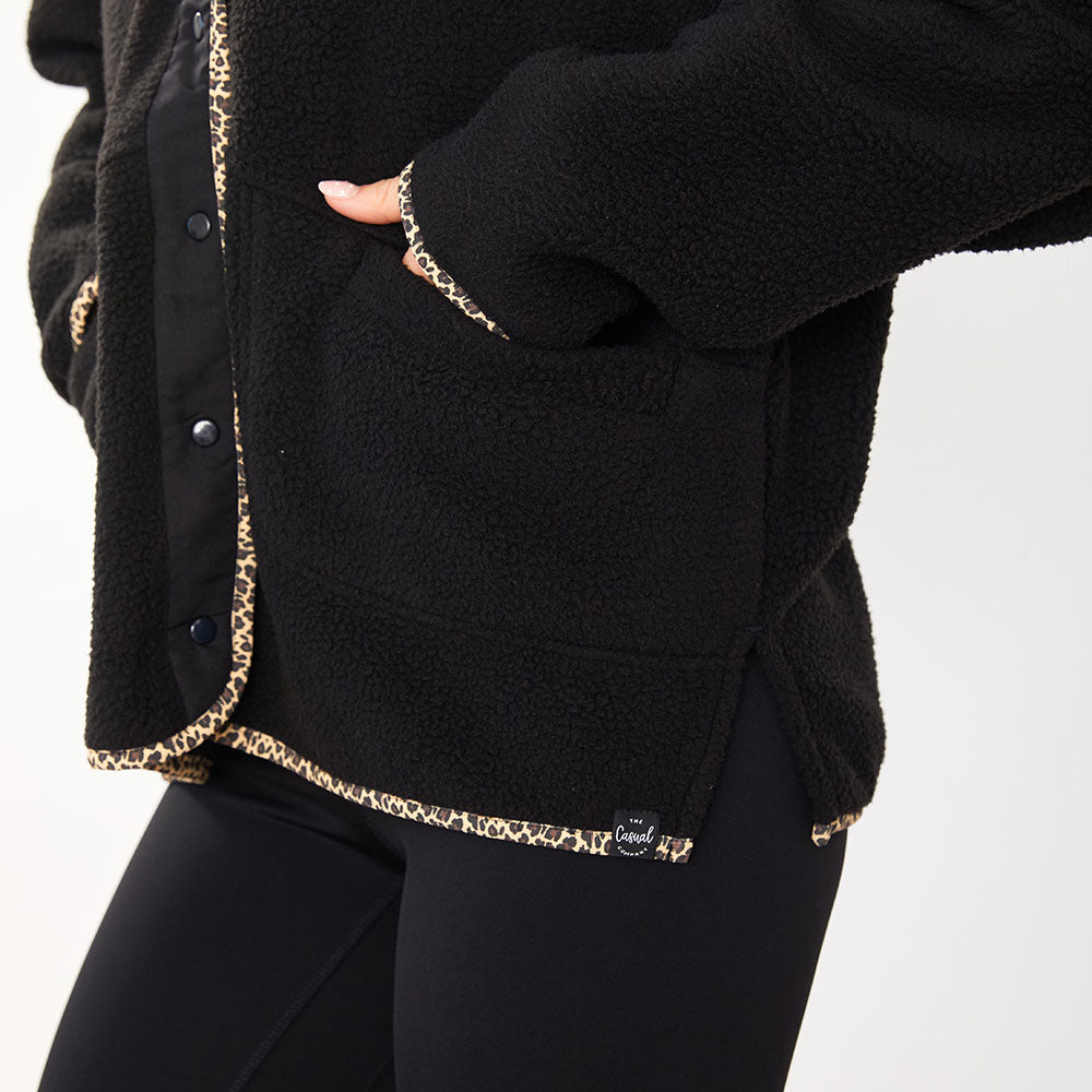 Fleece Jacket (Black/Leopard Trim)