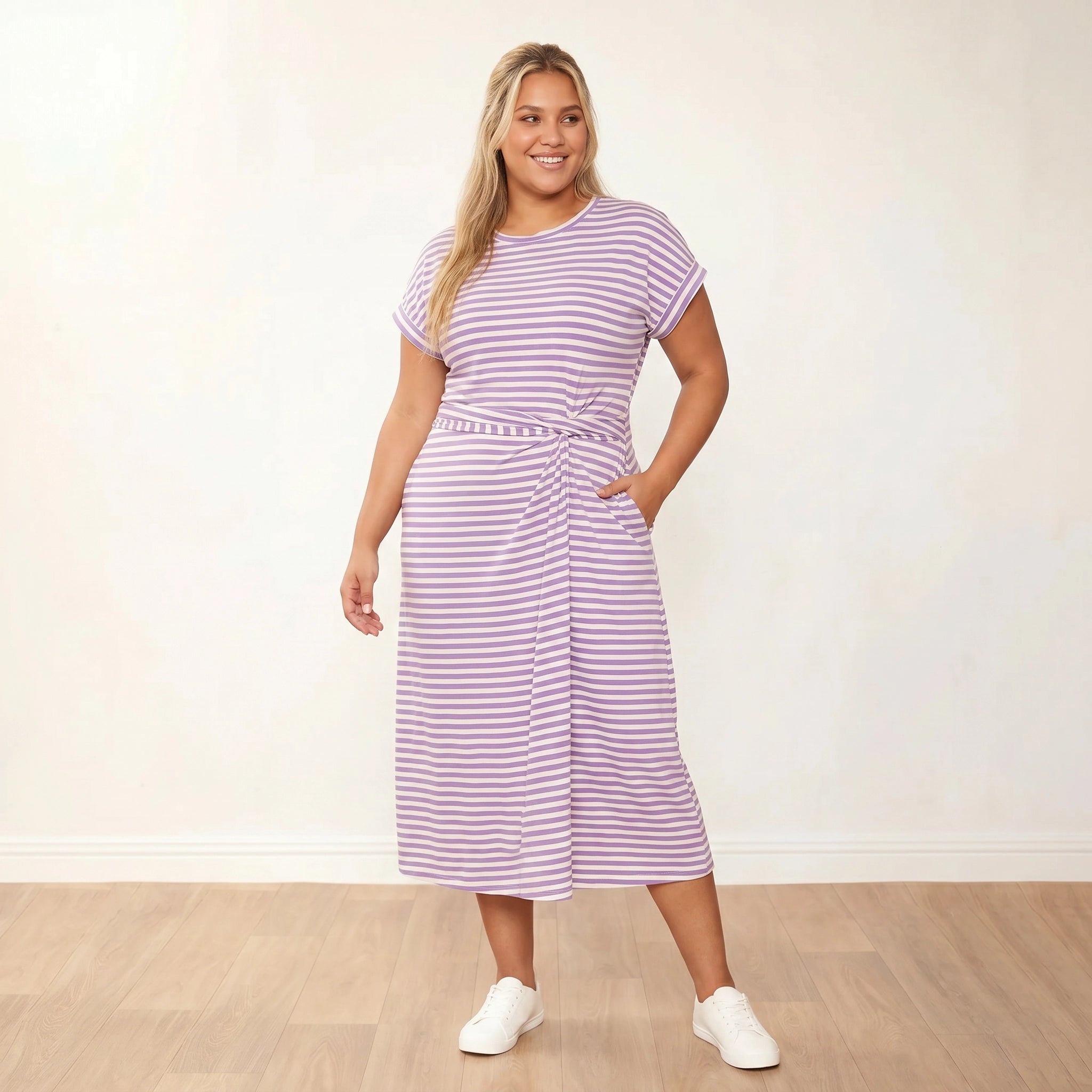 Lenny Dress Purple Stripe - Plus Size - Front one hand in pocket