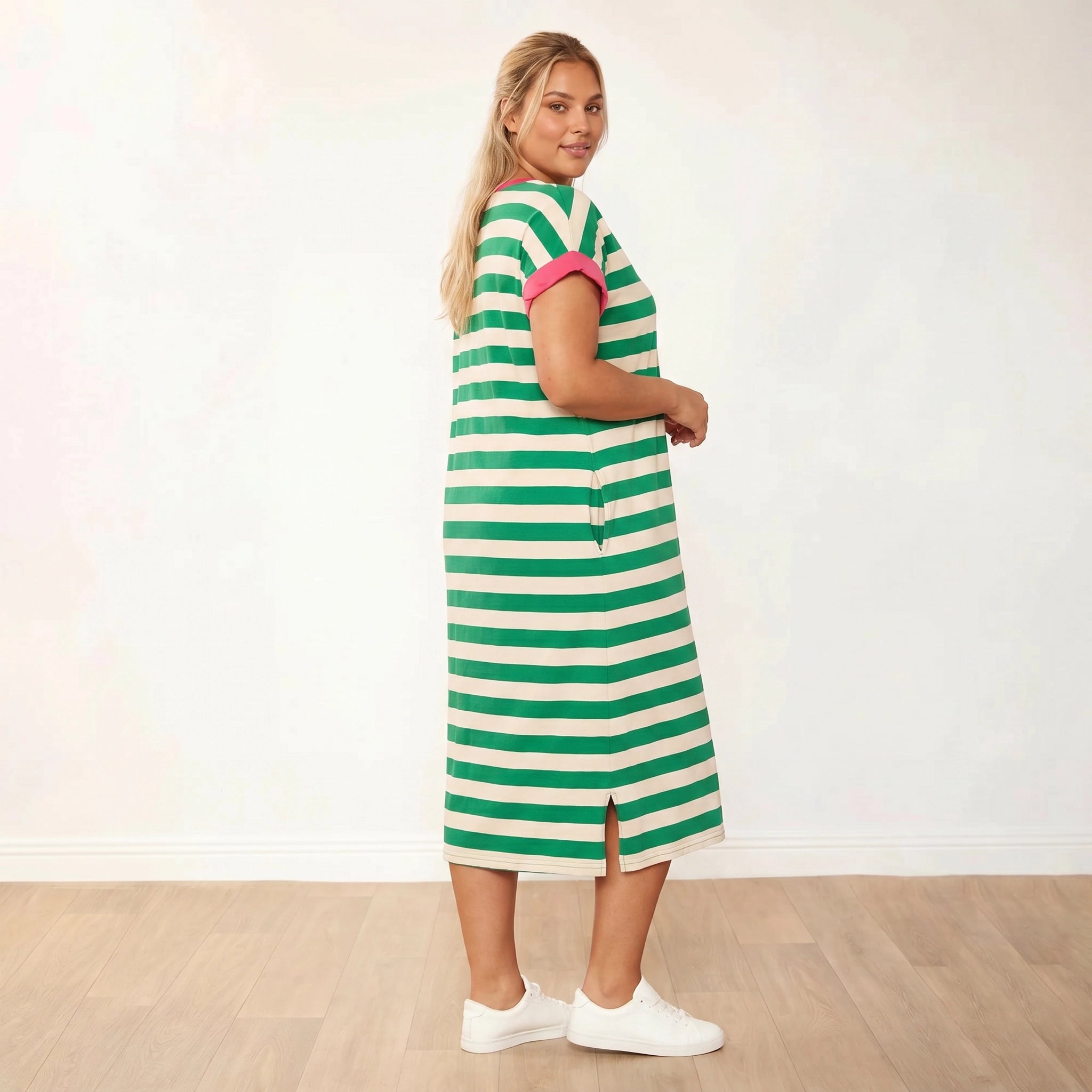 Rachel Dress (Green Stripe/Pink) - Plus Size XXL - Three Quarter Front