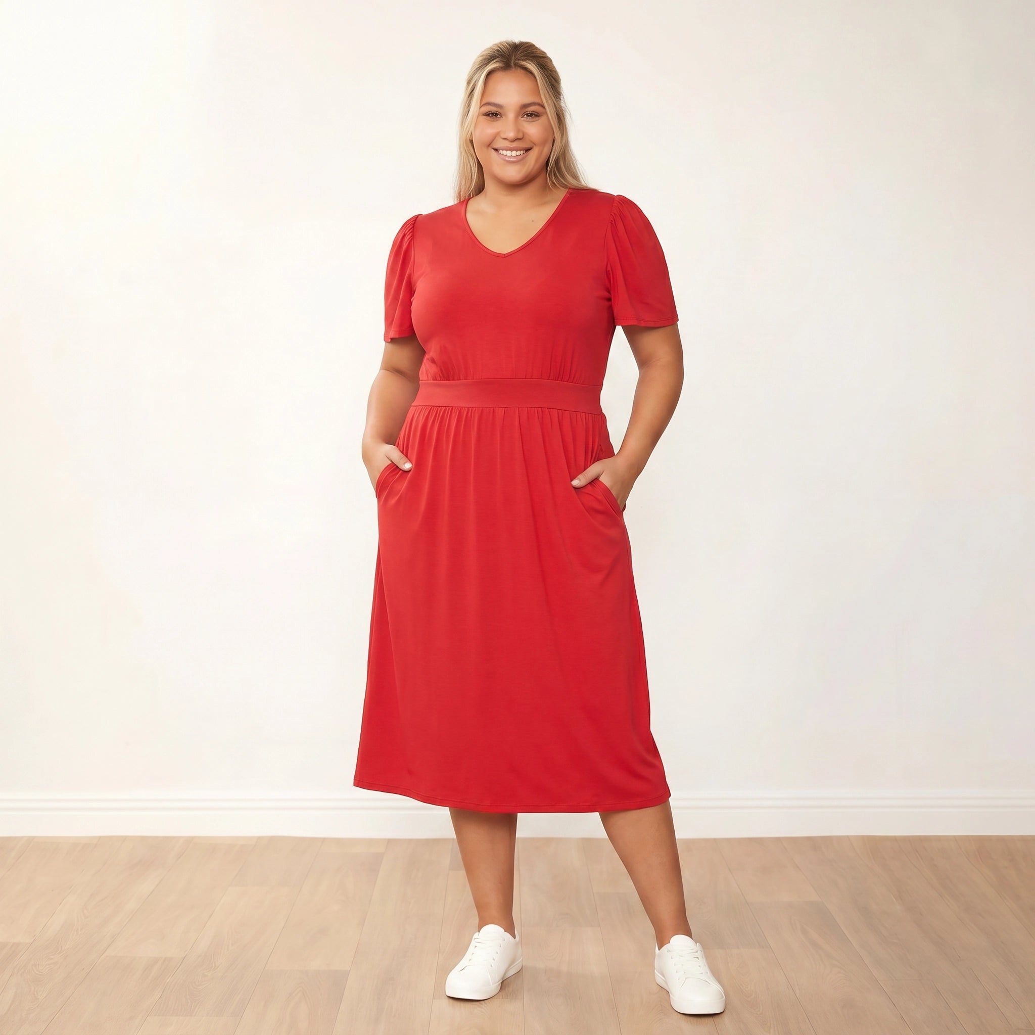 Lois Dress Red - Plus Size XXL - Front Hands In Pockets