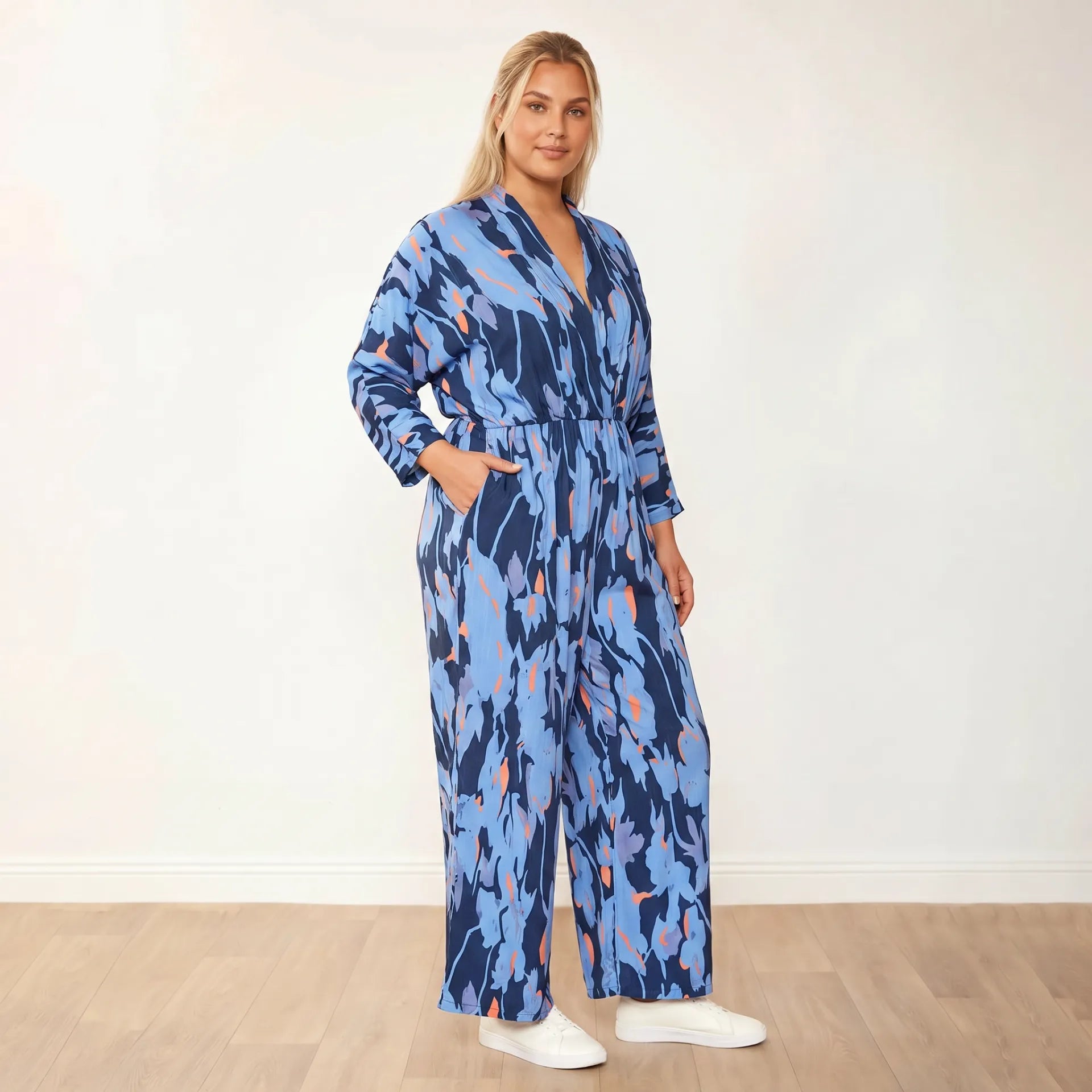 Vogue Jumpsuit (Navy/Orange Abstract) - Plus Size Model, Front Gaze Away