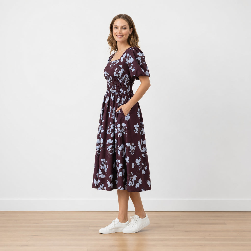 Iris Dress Berry Blue Flower - Side view with pocket