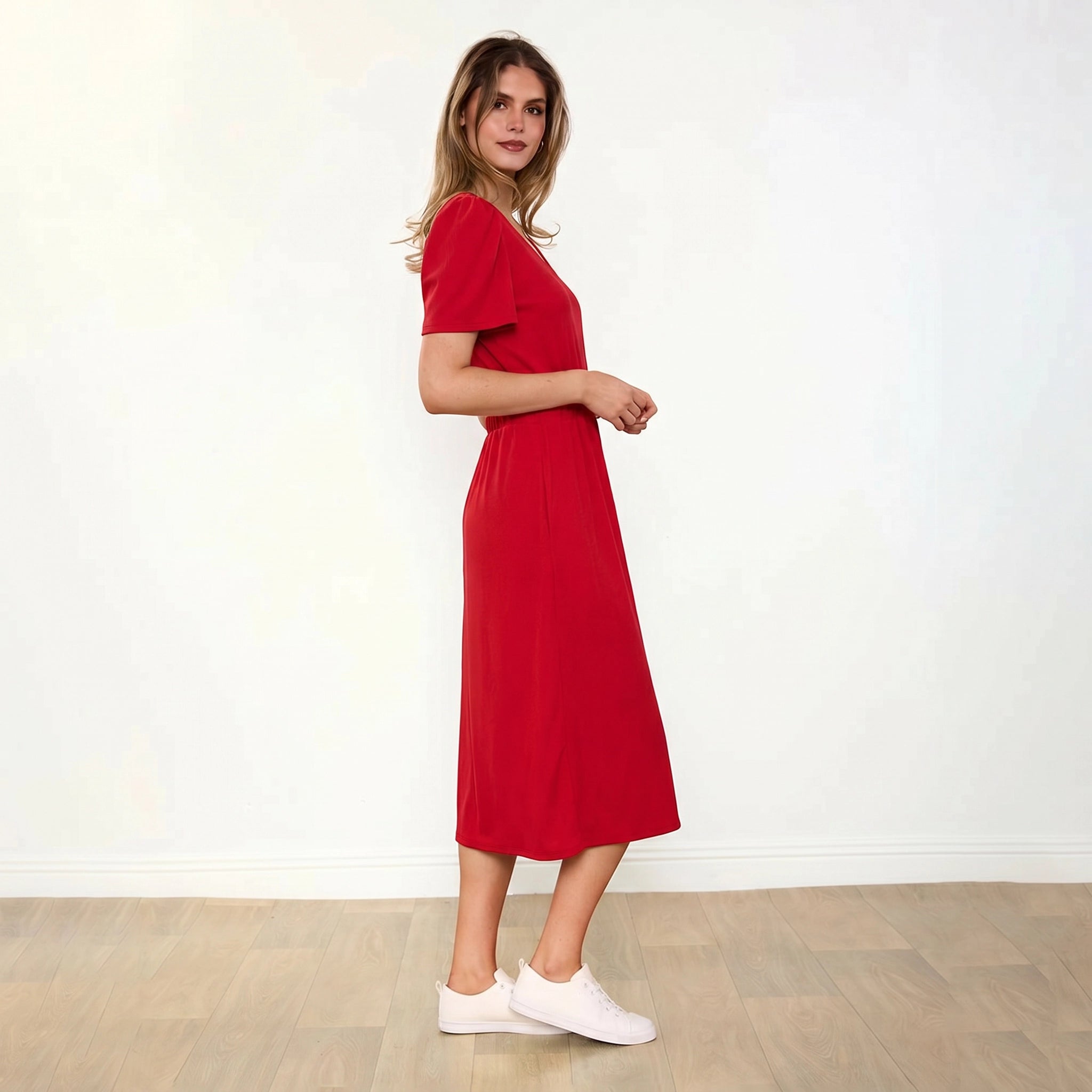 Lois Dress Red - Side Walking