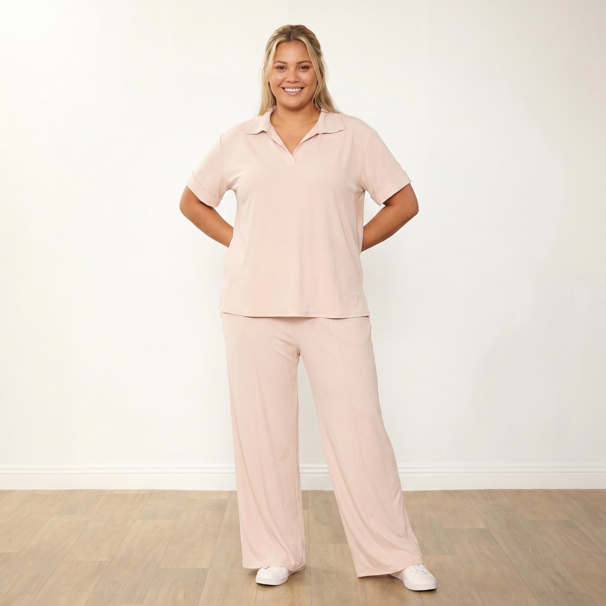 Maggie Co-Ord Cream - Plus Size Model Front Smiling