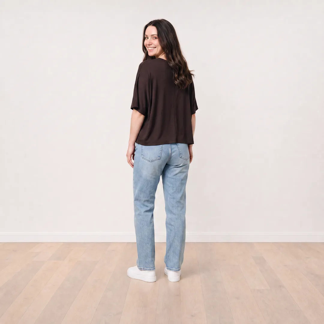 Orla Top in chocolate brown styled with light-wash straight-leg jeans, back view