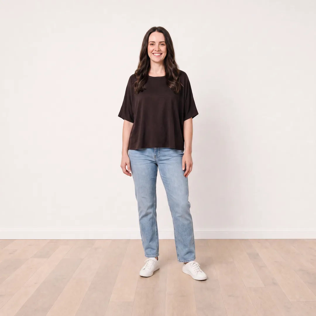 Orla Top in chocolate brown styled with light-wash straight-leg jeans, front view