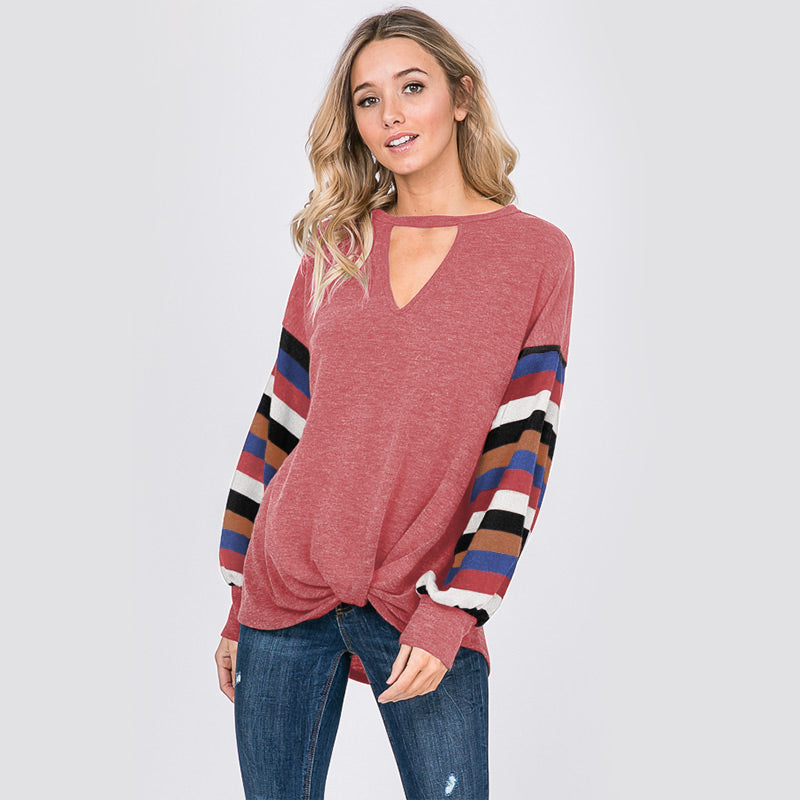 Aine Stripe Sleeve Top Mauve - The Casual Company