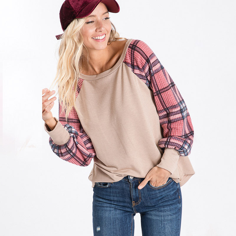 Eve Plaid Sleeve Top Beige