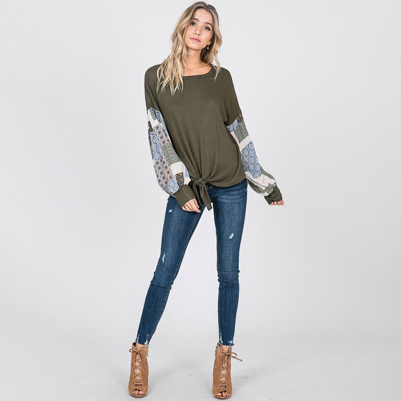 Patchwork Sleeve Tie Top Khaki