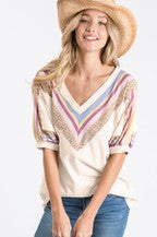Chevron Short Sleeve Top (Cream) - The Casual Company