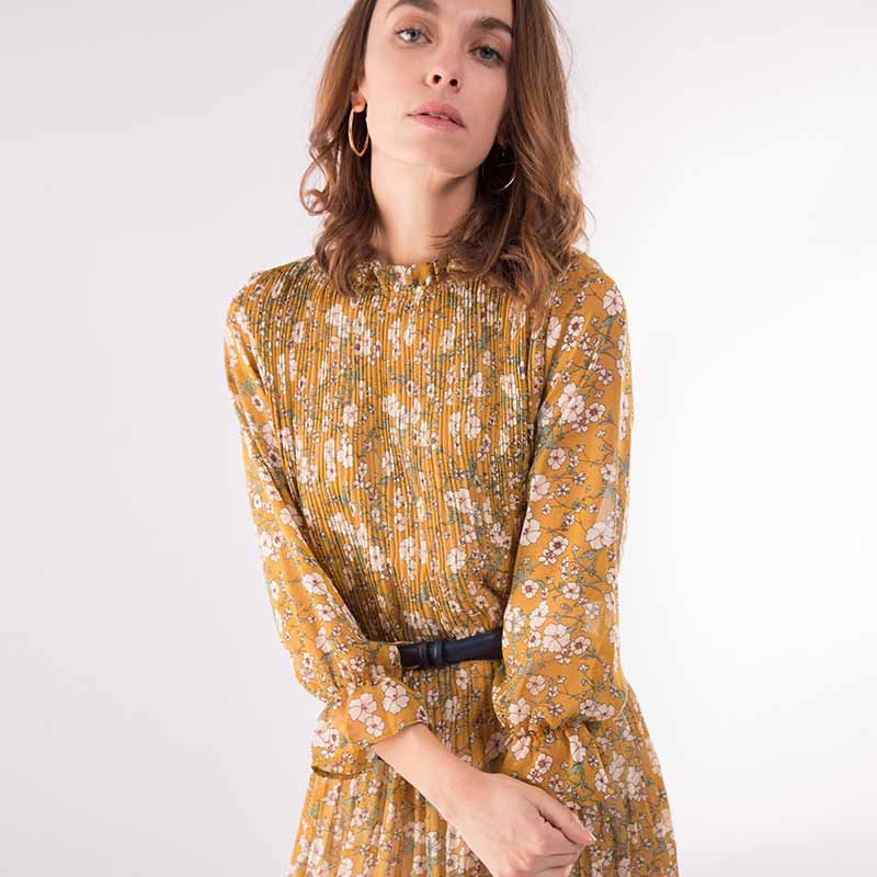 Pleated Swing Midi Dress Camel