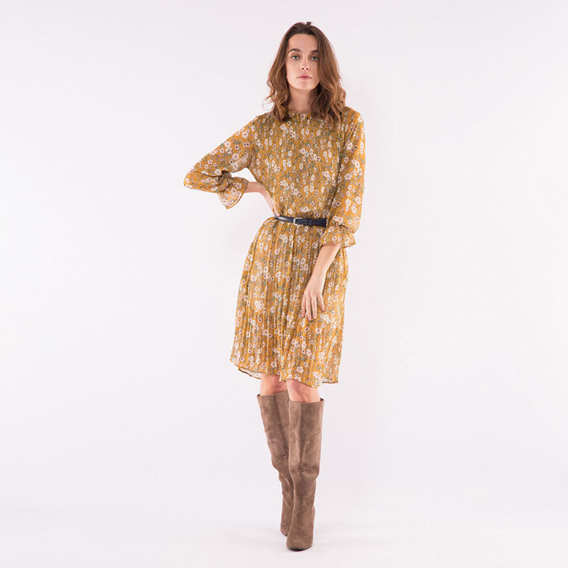 Pleated Swing Midi Dress Camel