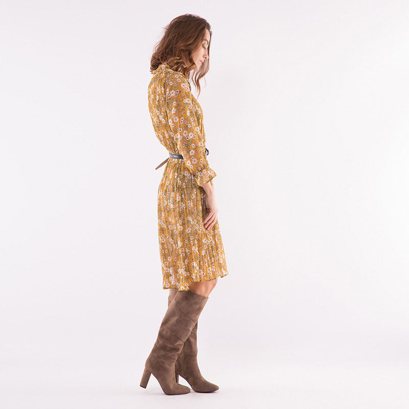 Pleated Swing Midi Dress Camel