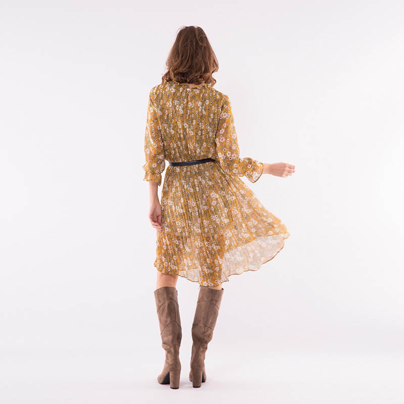 Pleated Swing Midi Dress Camel