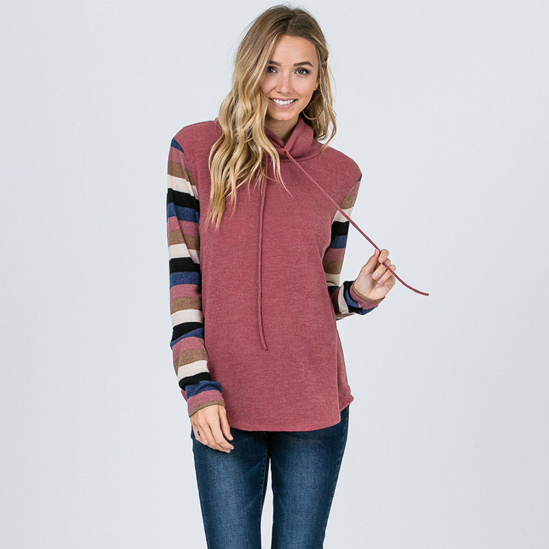 Cowl Neck Stripe Sleeve Top Mauve