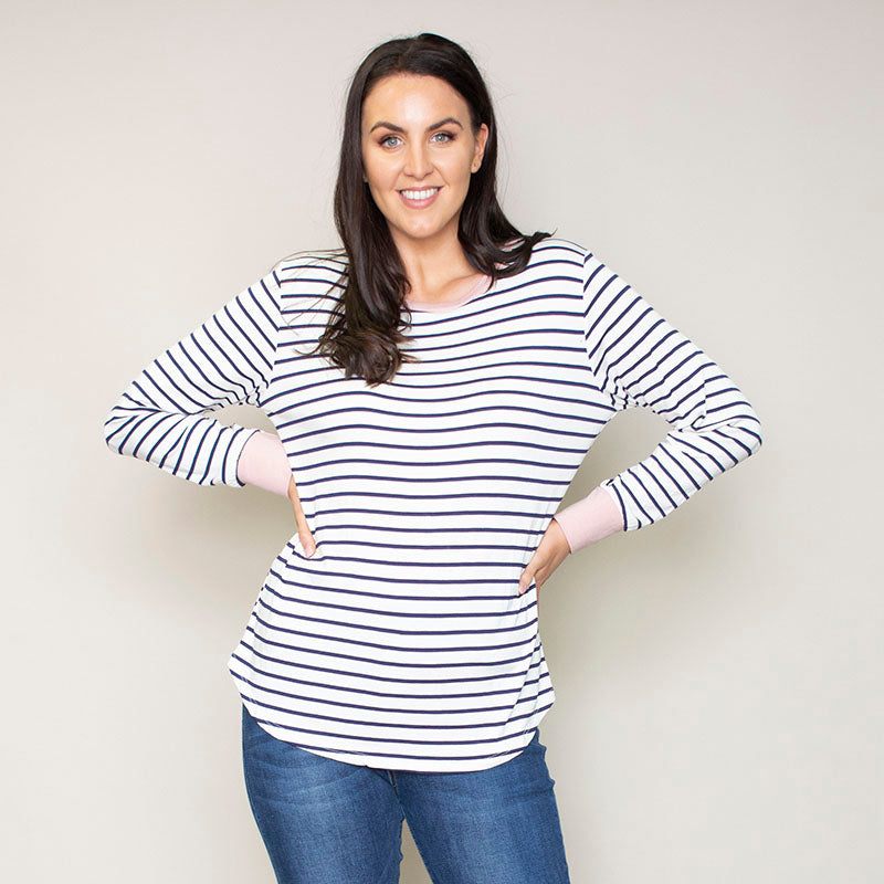 Katie Contrast Cuff Stripe Top (Blush)