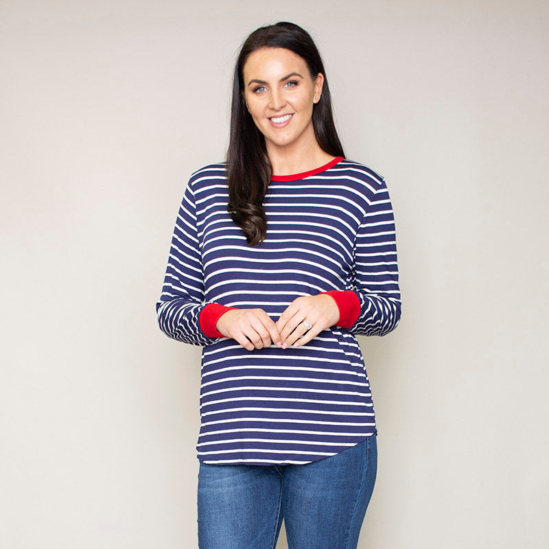 Katie Contrast Cuff Stripe Top (Cherry)