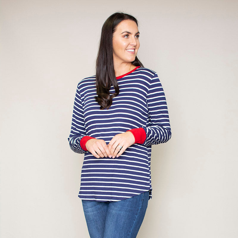 Katie Contrast Cuff Stripe Top (Cherry)