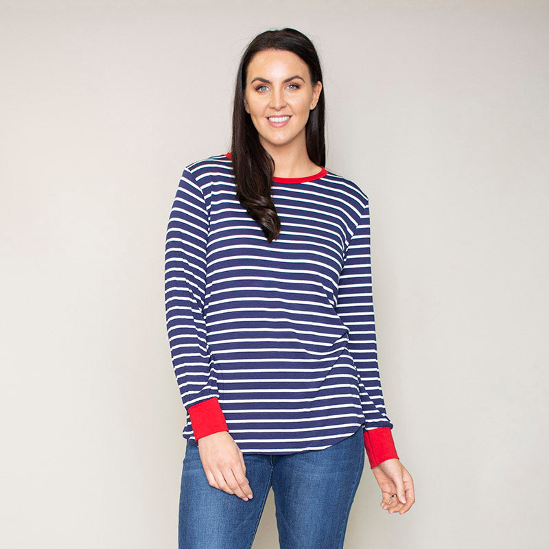 Katie Contrast Cuff Stripe Top (Cherry)