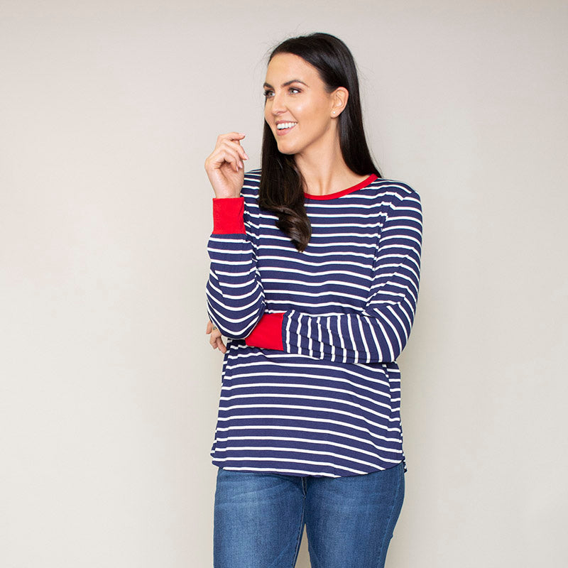 Katie Contrast Cuff Stripe Top (Cherry)