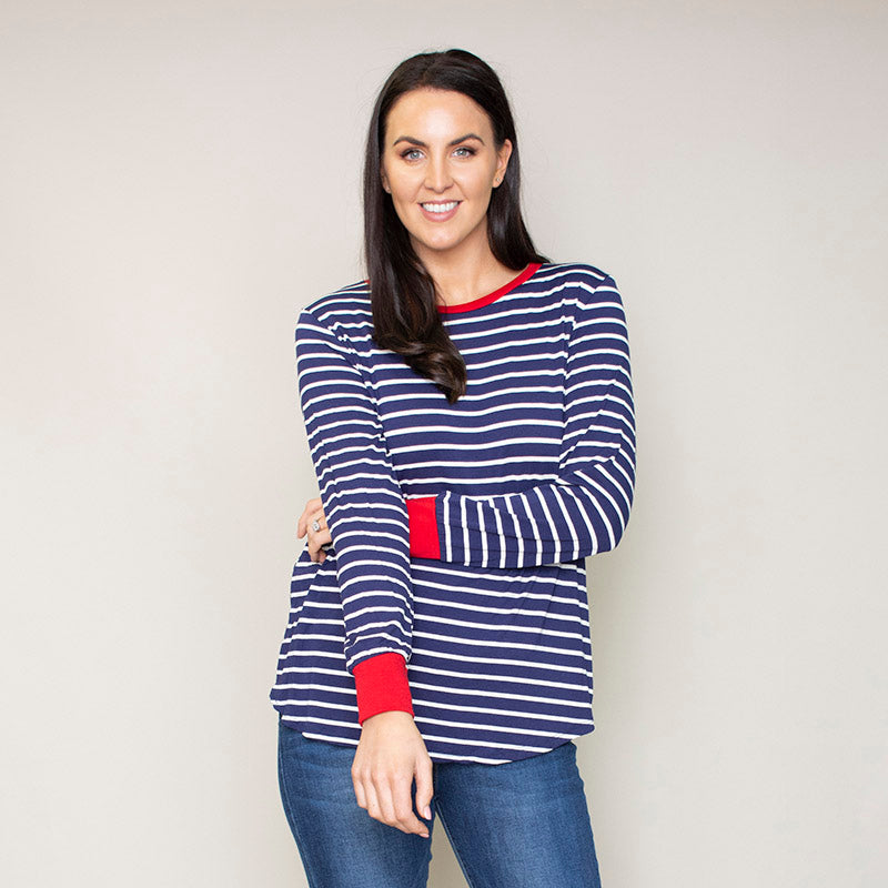 Katie Contrast Cuff Stripe Top (Cherry)