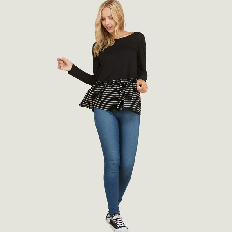 Stripe Ruffle Hem Top Black