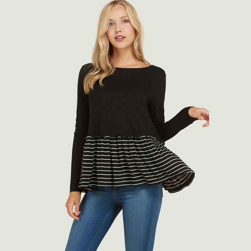 Stripe Ruffle Hem Top Black