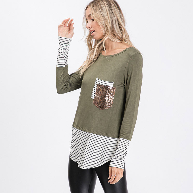 Sule Striped Hem Pocket Top Khaki