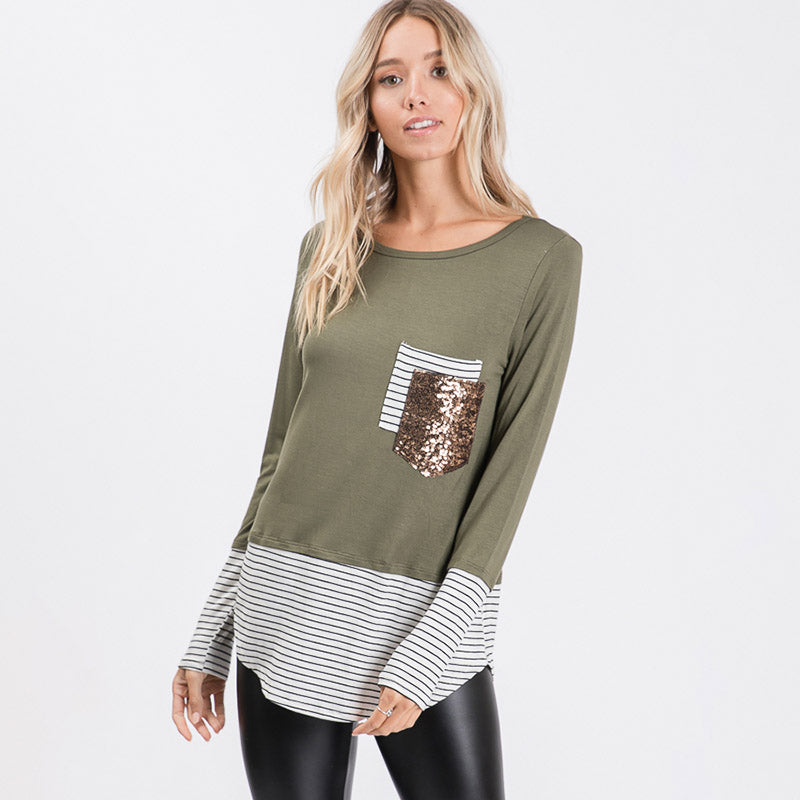 Sule Striped Hem Pocket Top Khaki