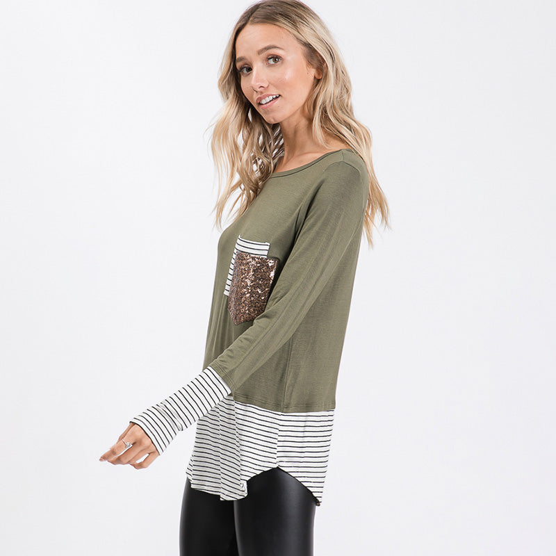 Sule Striped Hem Pocket Top Khaki