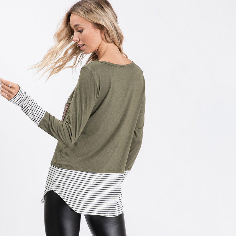 Sule Striped Hem Pocket Top Khaki