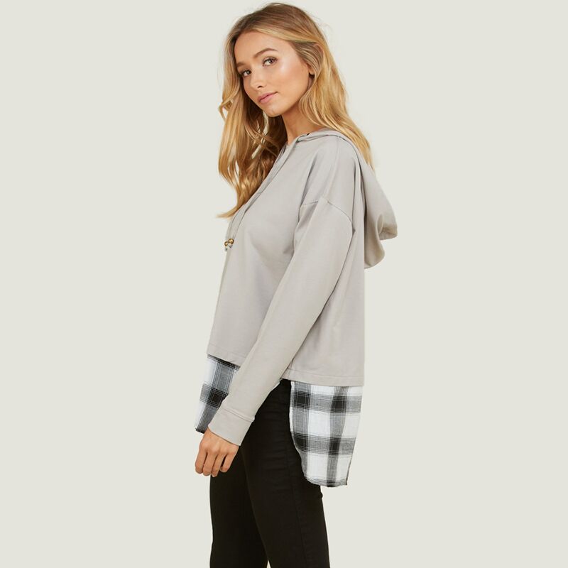 Checkered Hem Hoodie Sweater Grey